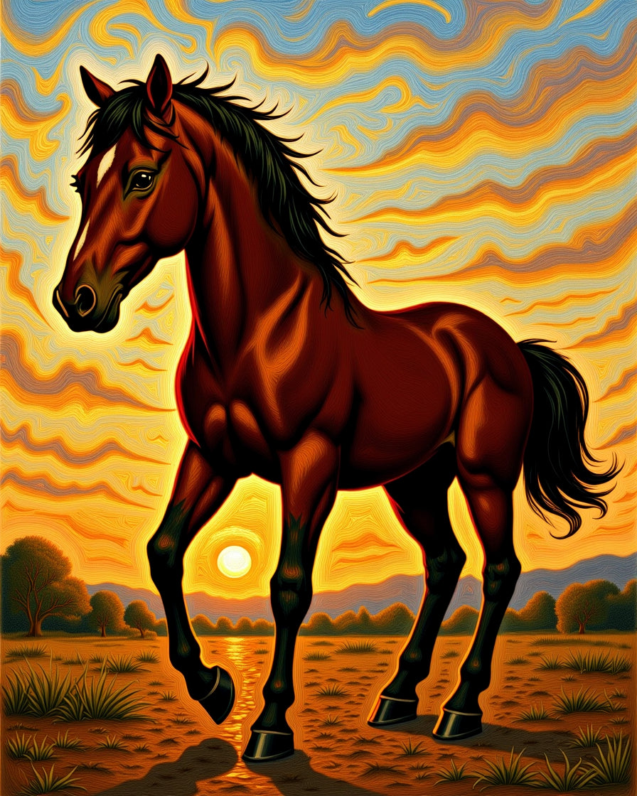 Majestic Chestnut Horse Sunset Landscape Rug