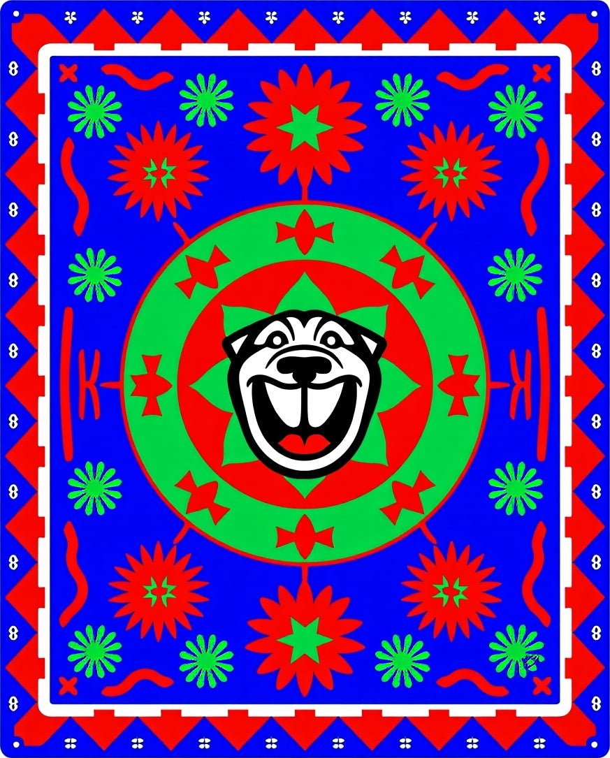 Bold Dog Face Red Green Medallion Rug