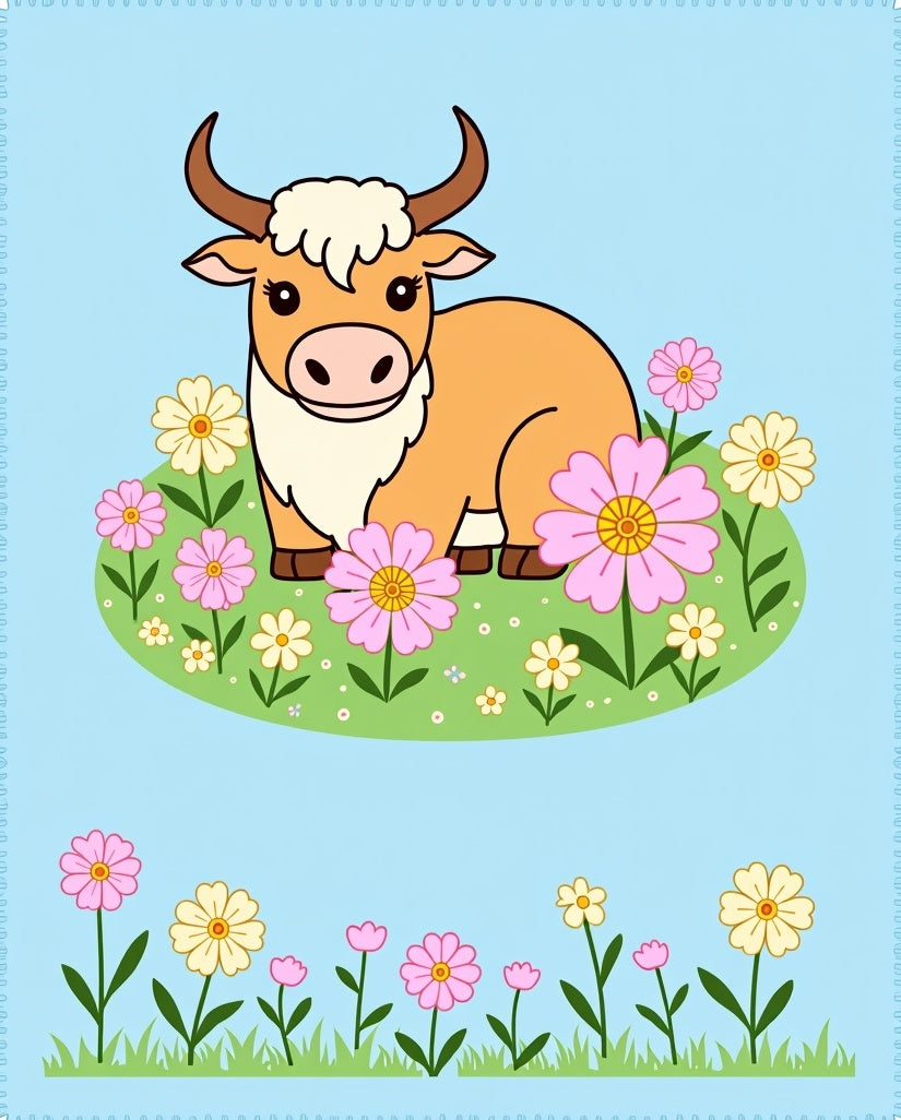 Whimsical Highland Cow Floral Meadow Rug