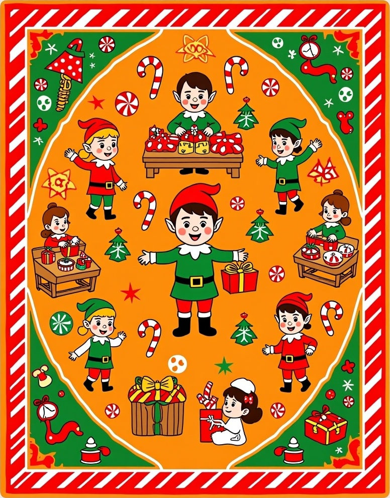 Joyful Elves Christmas Present Scene Rug