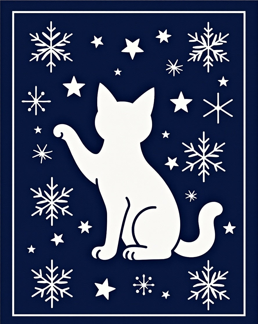 White Feline Snowflakes Navy Rug