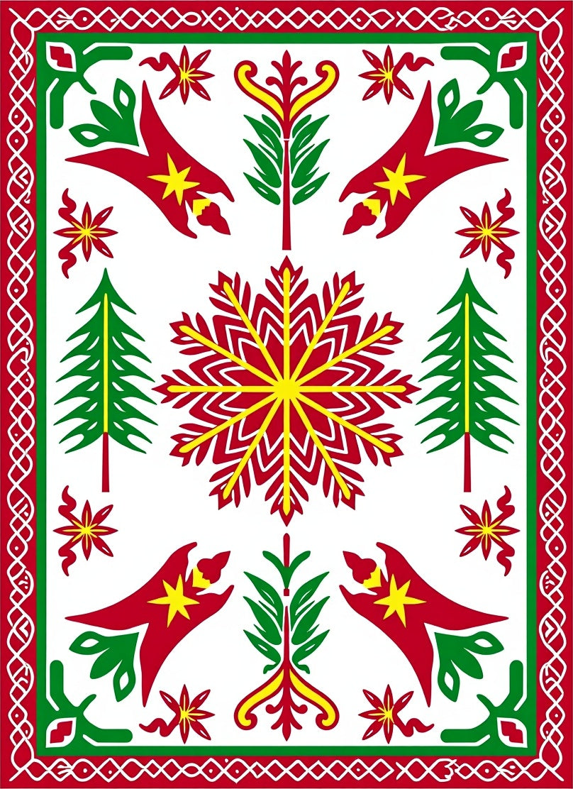 Bold Red Green Geometric Snowflake Tree Rug