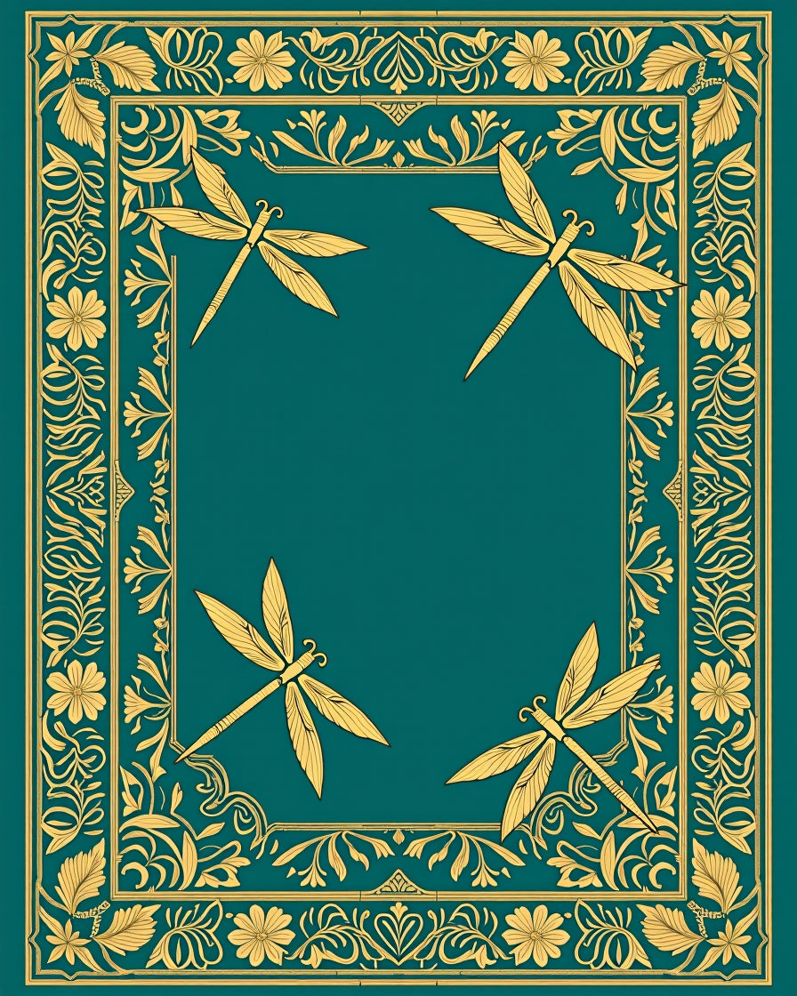 Golden Dragonfly Teal Border Rug