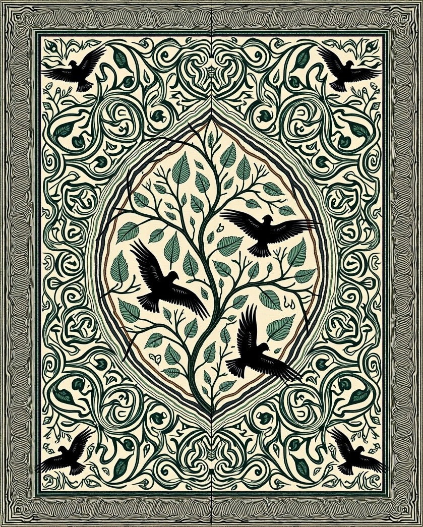 Black Birds Greenery Oval Tree Accent Rug