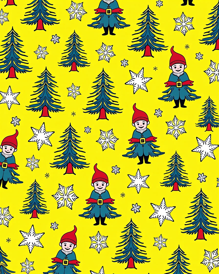 Cheerful Yellow Christmas Gnomes Trees Rug