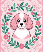Pink Cavalier Puppy Floral Wreath Rug
