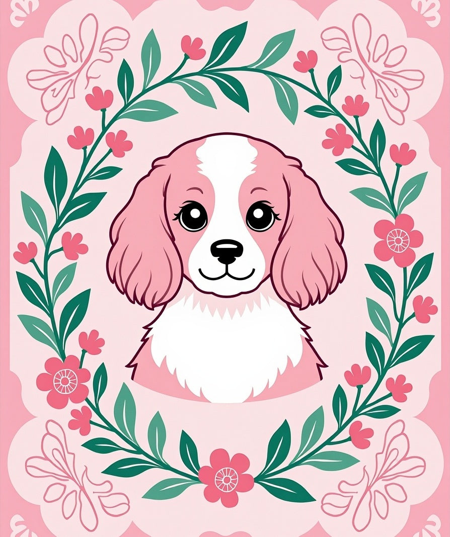 Pink Cavalier Puppy Floral Wreath Rug