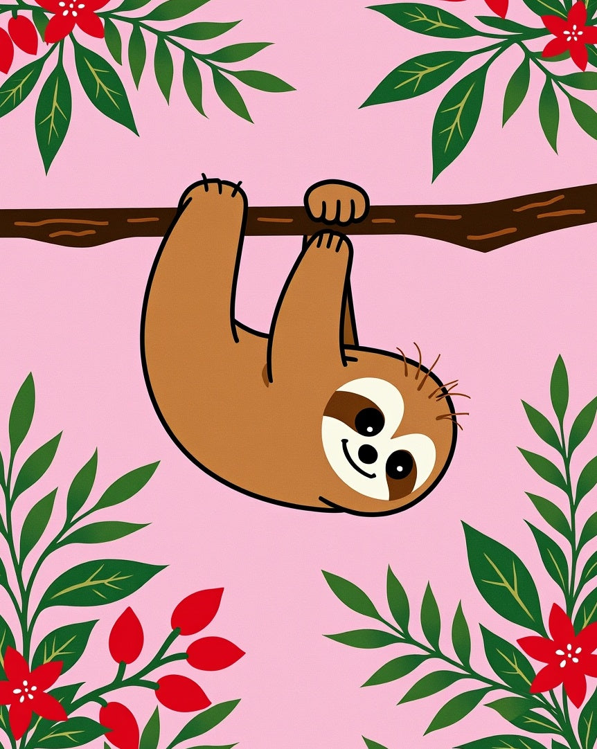 Cute Sloth Hanging Green Red Blooms Rug