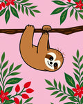 Cute Sloth Hanging Green Red Blooms Rug