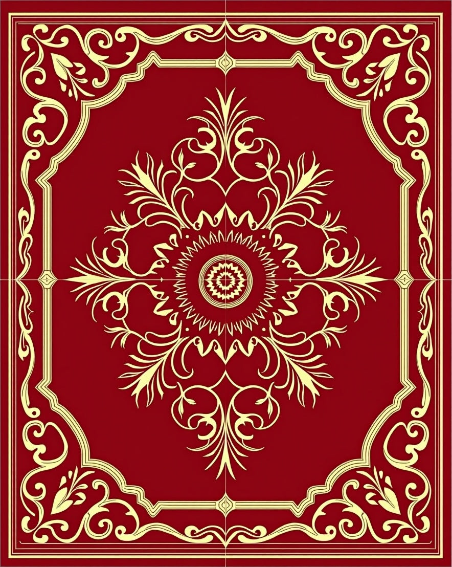 Crimson Golden Floral Medallion Frame Rug