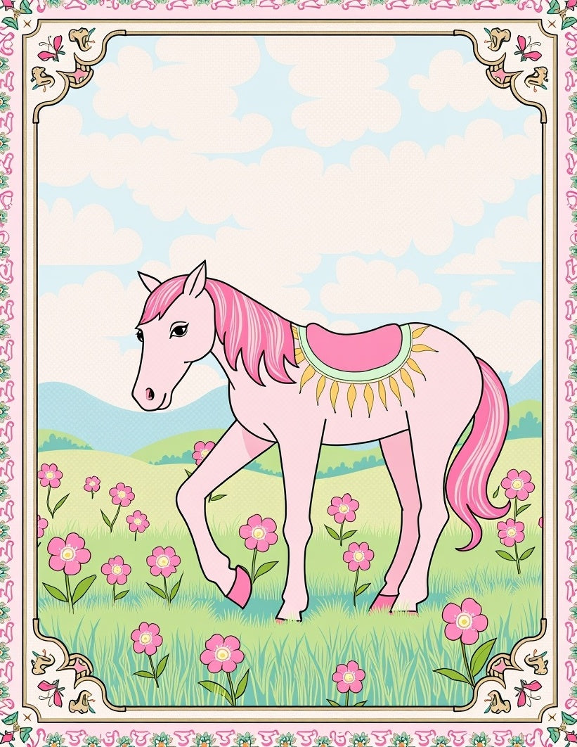 Pink Horse Meadow Floral Whimsical Scene Rug