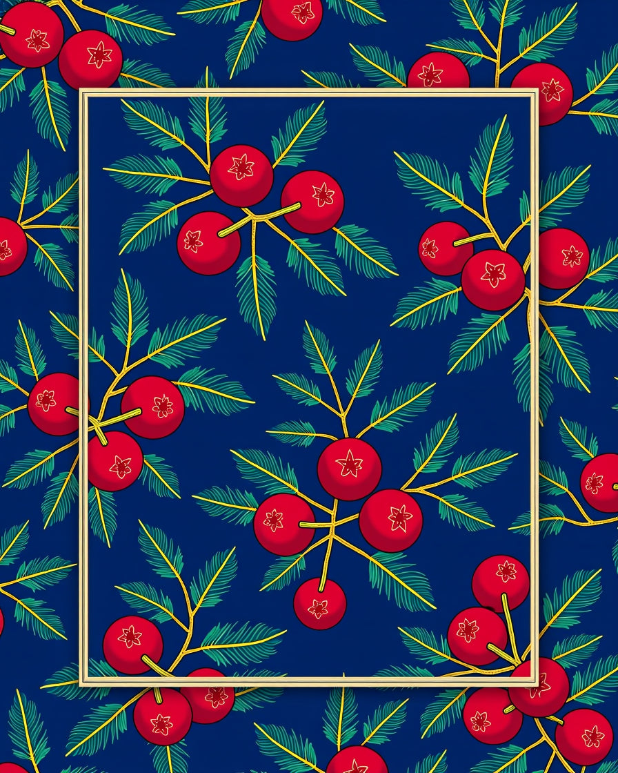 Red Berry Branches Blue Background Rug