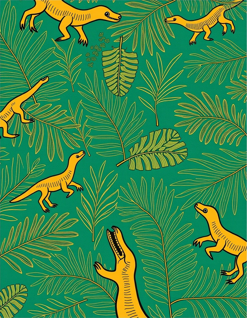 Yellow Dinosaurs Amidst Green Jungle Leaves Rug