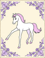 Whimsical White Horse Lavender Floral Frame Rug