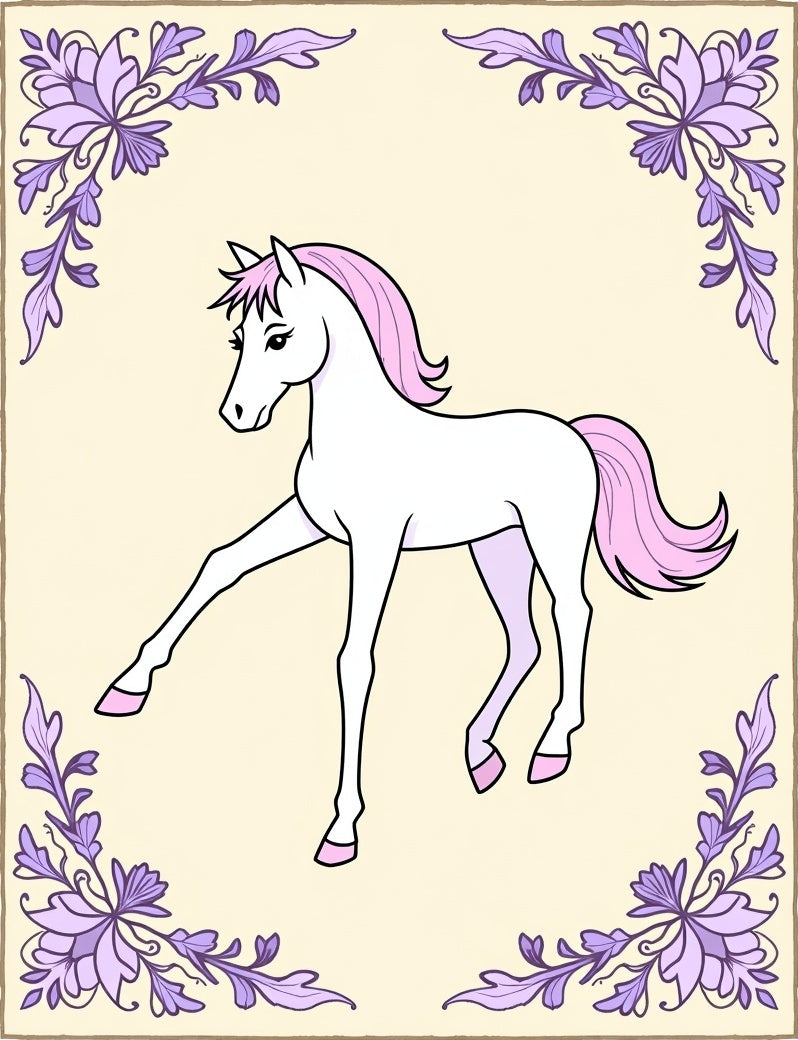 Whimsical White Horse Lavender Floral Frame Rug
