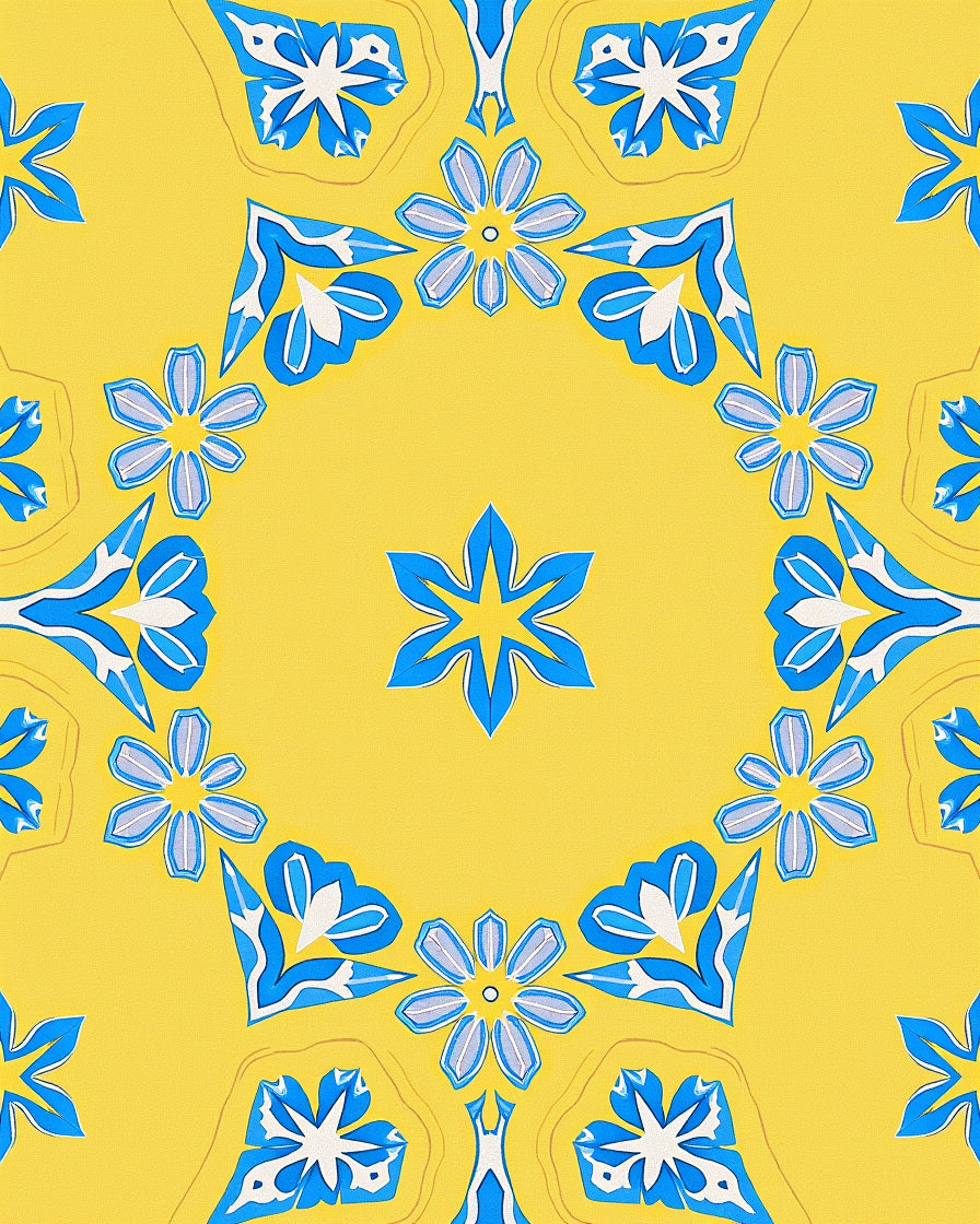 Bright Yellow Blue Floral Mandala Rug