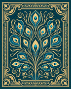 Teal Gold Feathered Fan Medallion Rug