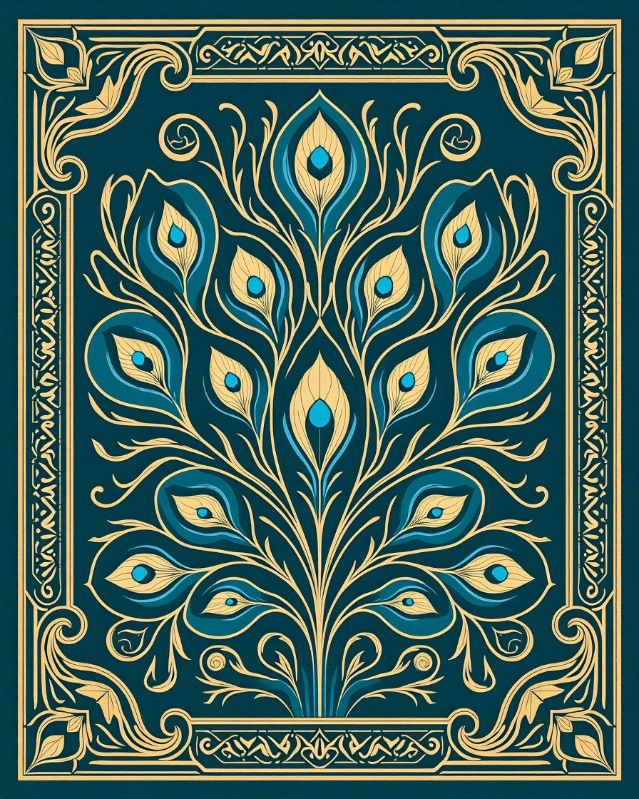 Teal Gold Feathered Fan Medallion Rug