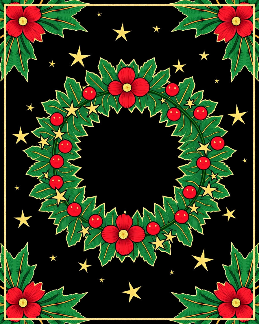 Festive Red Floral Green Holly Stars Rug