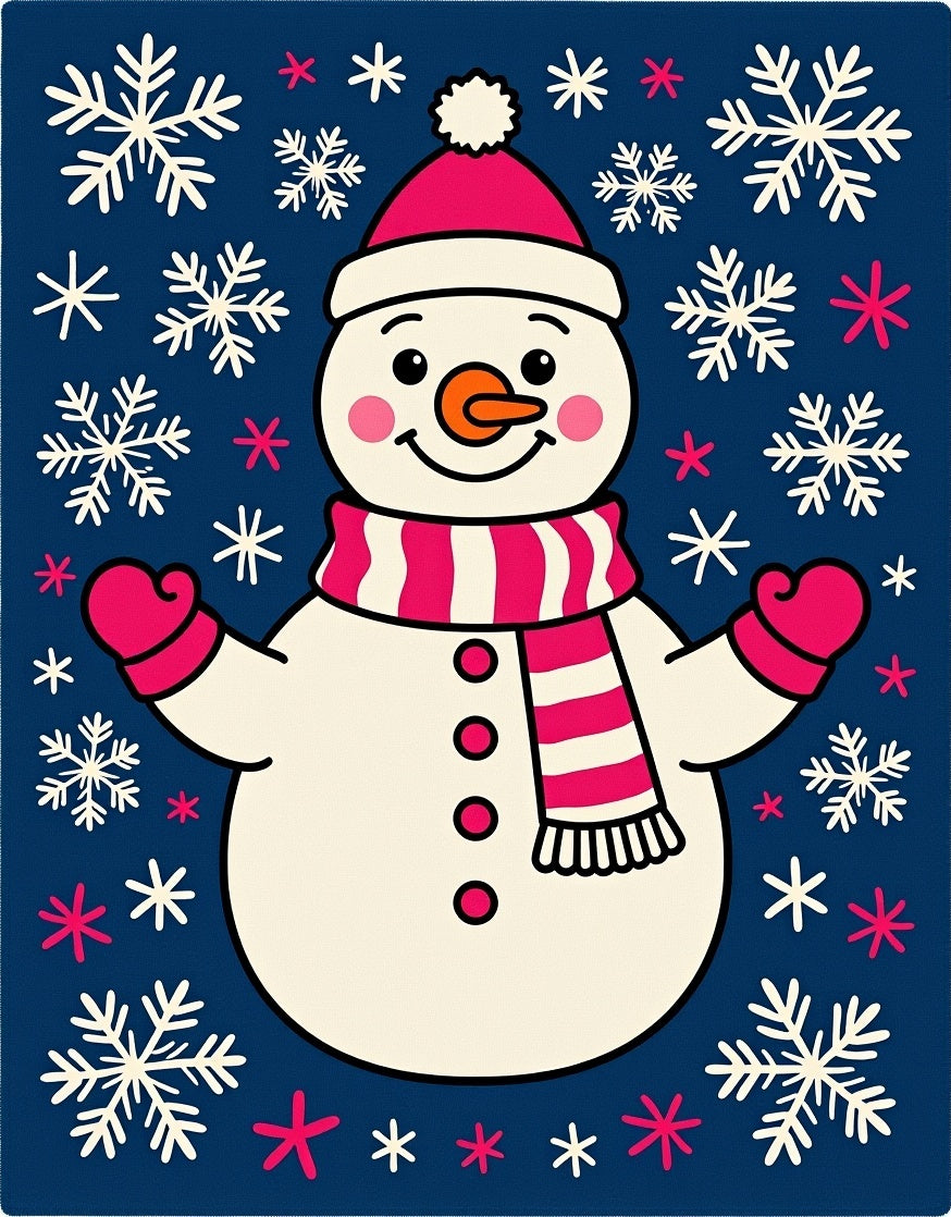 Festive Snowman With Pink Snowflake Sprinkles Rug
