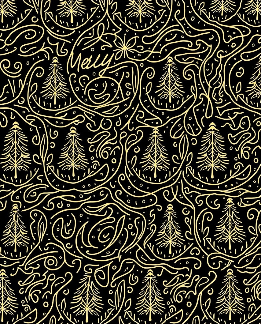 Yellow Line Art Trees Black Background Rug