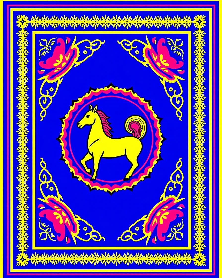 Vibrant Yellow Horse Blue Medallion Rug