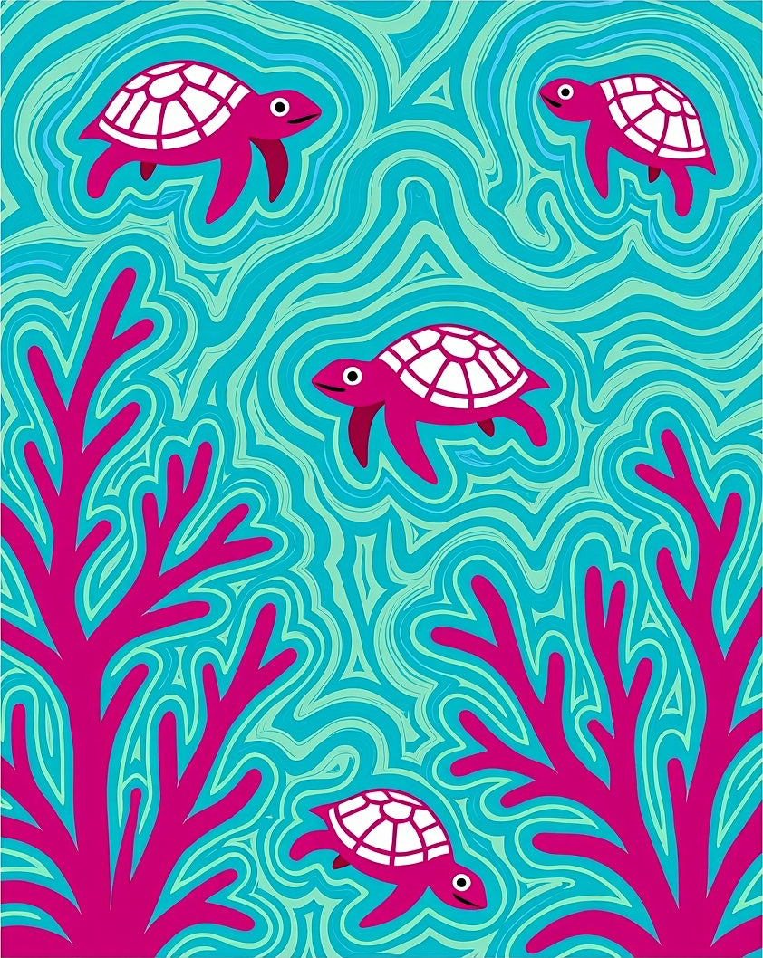 Bold pink turtles and coral aqua waves Rug