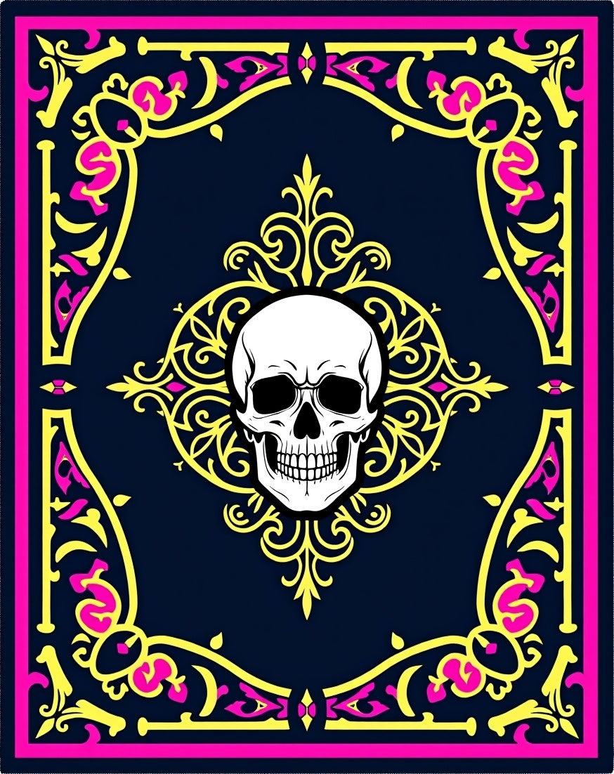 Gothic Skull Neon Floral Emblem Rug
