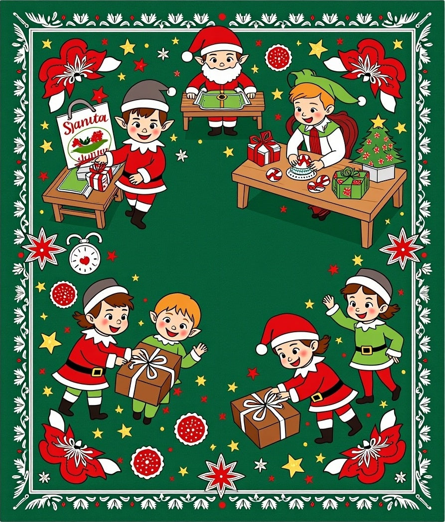 Whimsical Christmas Elves Wrapping Gifts Rug