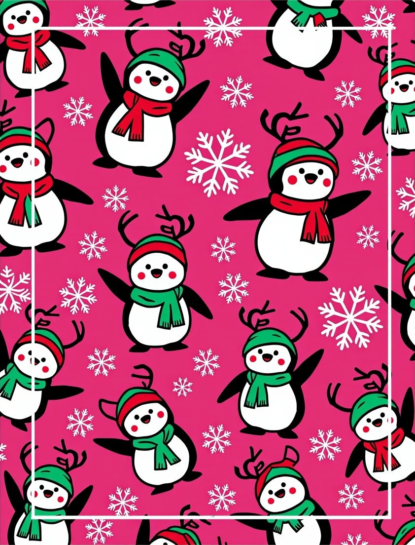 Whimsical Pink Penguin Snowflake Toss Rug