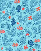 Coral Floral Blue Leaf Medley Rug