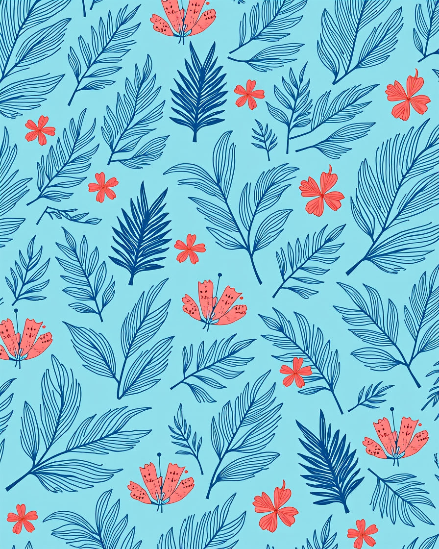 Coral Floral Blue Leaf Medley Rug