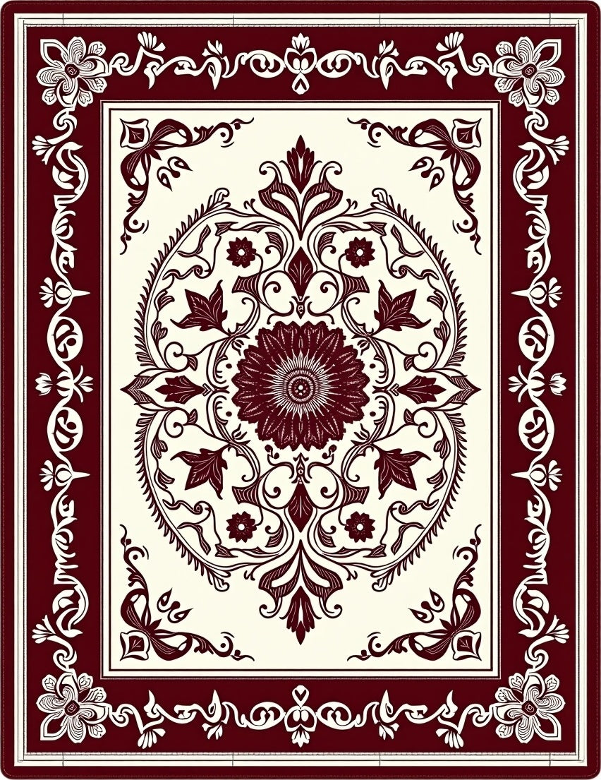 Deep Red Floral Garland Border Rug