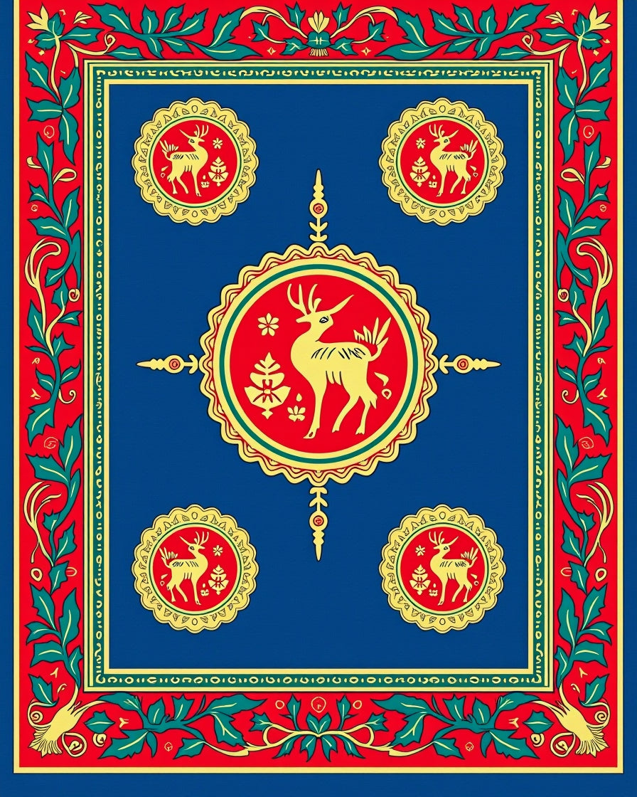 Red Gold Deer Floral Border Medallion Rug