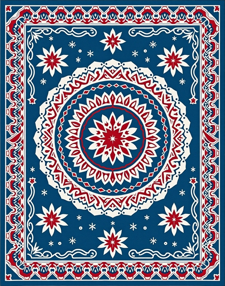 Bold Blue Red White Starburst Medallion Rug