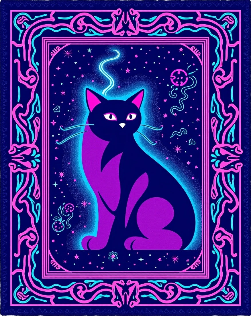 Neon Cat Cosmic Night Border Rug