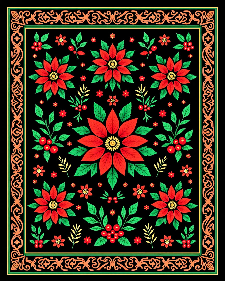 Festive Red Poinsettia Floral Border Rug