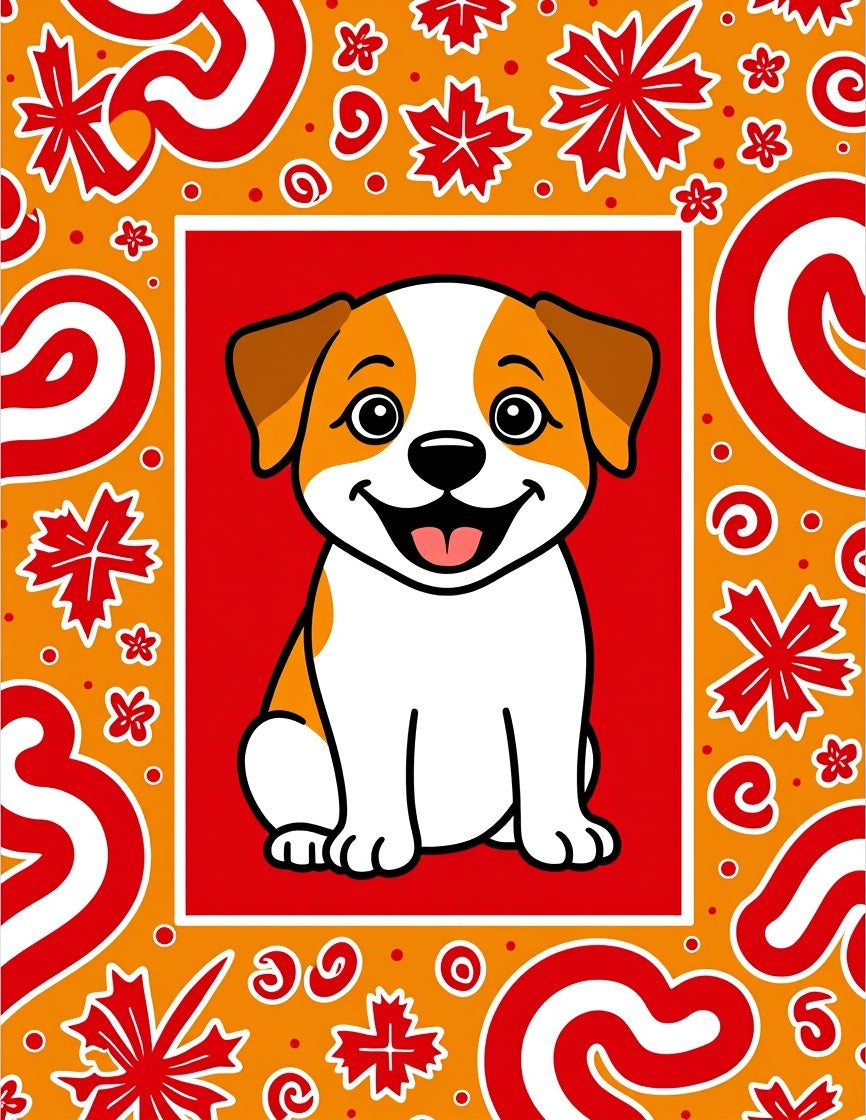 Joyful Puppy With Red Orange Border Rug
