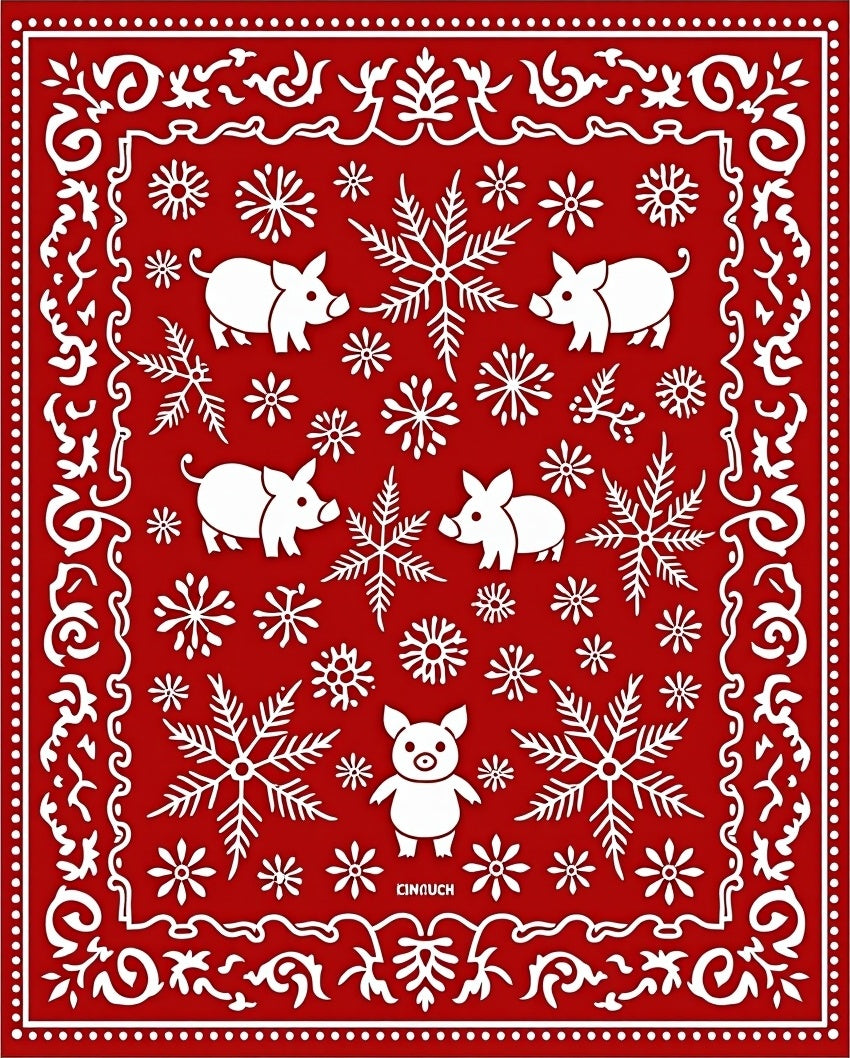 Red Festive Pigs Snowflakes Border Rug