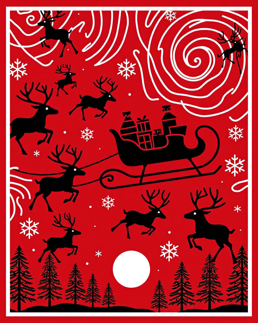 Red Sleigh Reindeer Snowy Night Rug