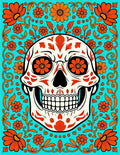 Vibrant Teal Orange Skull Floral Rug