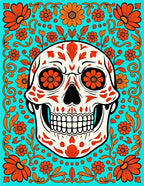 Vibrant Teal Orange Skull Floral Rug