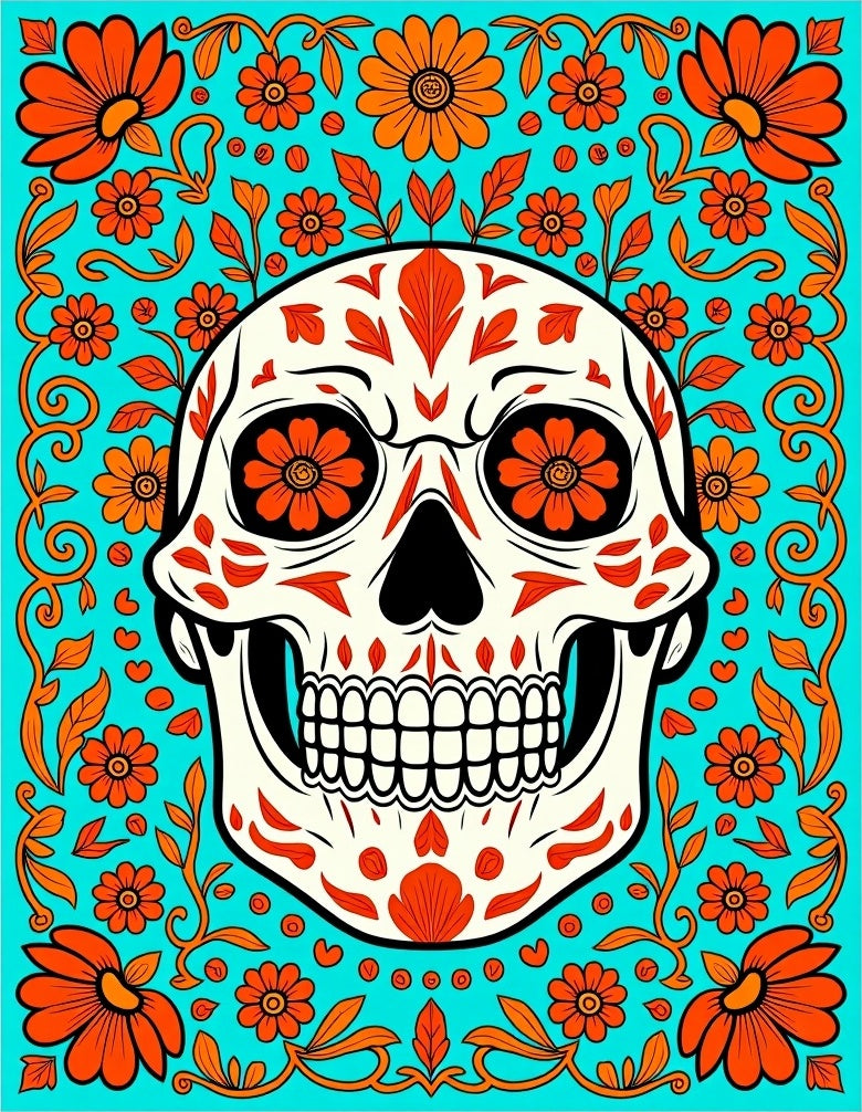 Vibrant Teal Orange Skull Floral Rug