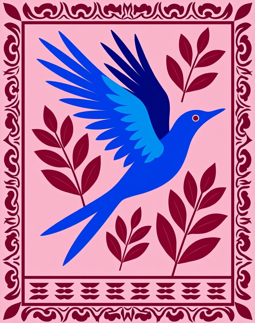 Vibrant Blue Bird Crimson Branches Rug