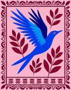 Vibrant Blue Bird Crimson Branches Rug