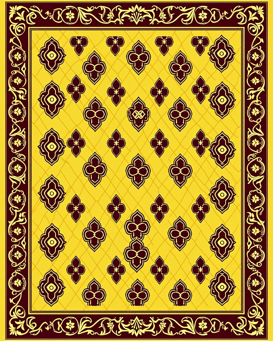 Gold Yellow Maroon Floral Scroll Border Rug