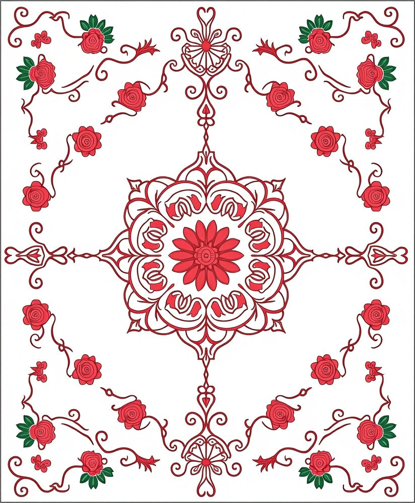 Classic Red Rose Floral Medallion Rug