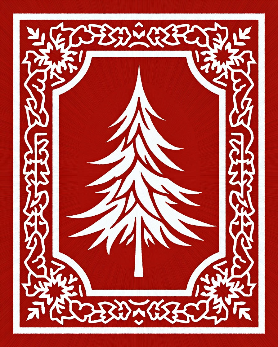Festive Red White Christmas Tree Border Rug