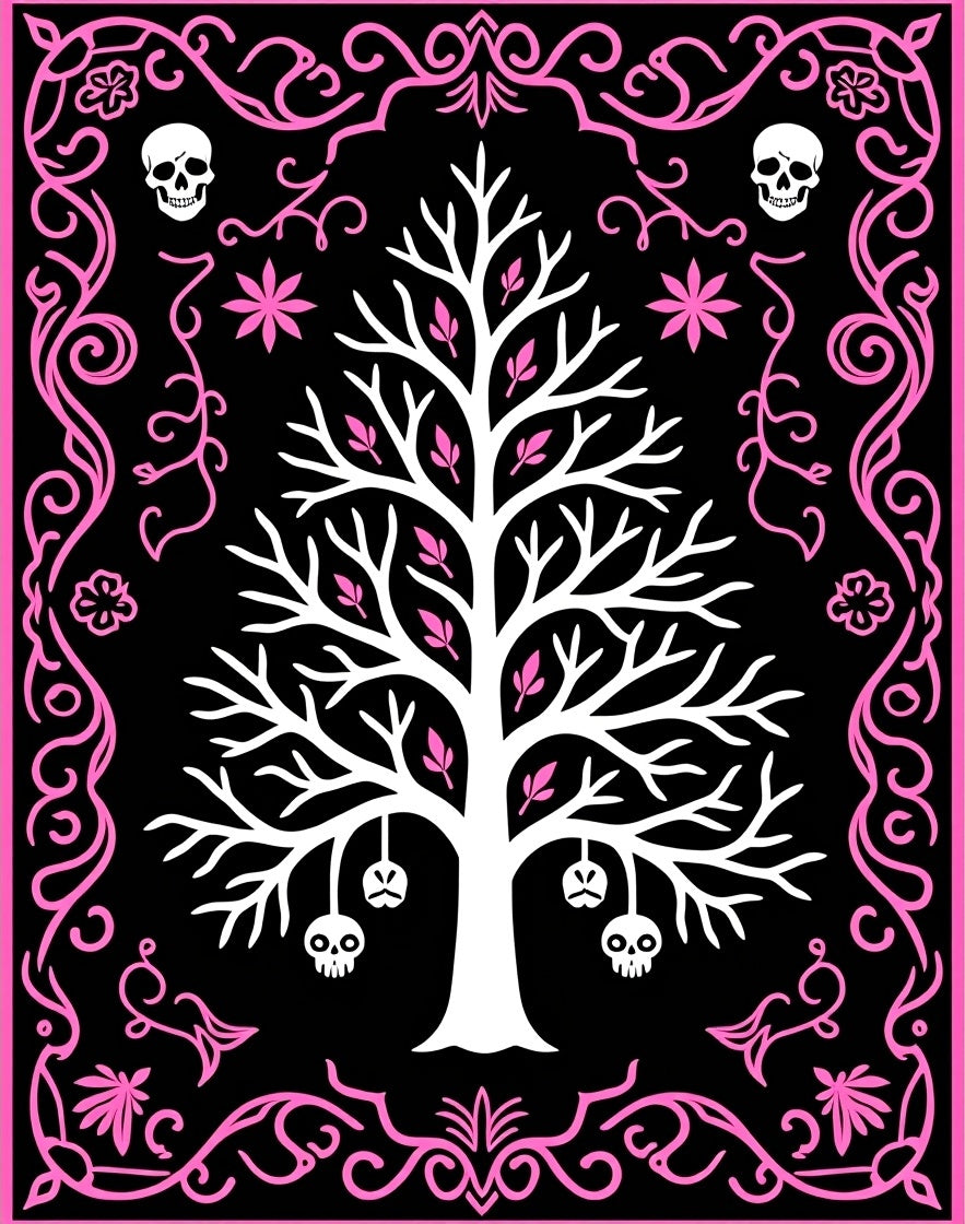 Black Skull Tree Pink Ornamental Rug