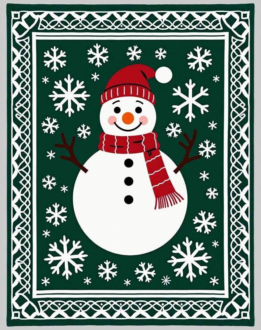Festive Snowman Green Snowflake Border Rug